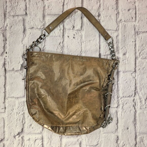 Michael Kors Designer Shoulder Bag Metallic Taupe Leather w/ Chain Accent - Picture 3 of 14